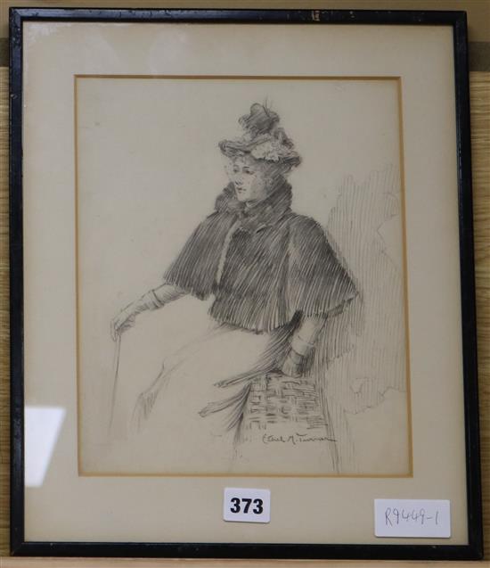 Ethel M Turner, pencil drawing, Sketch of a lady, signed, 27 x 22cm